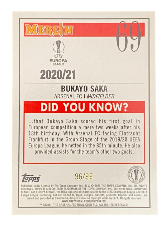 2021 Topps Merlín Bukayo Saka 96/99