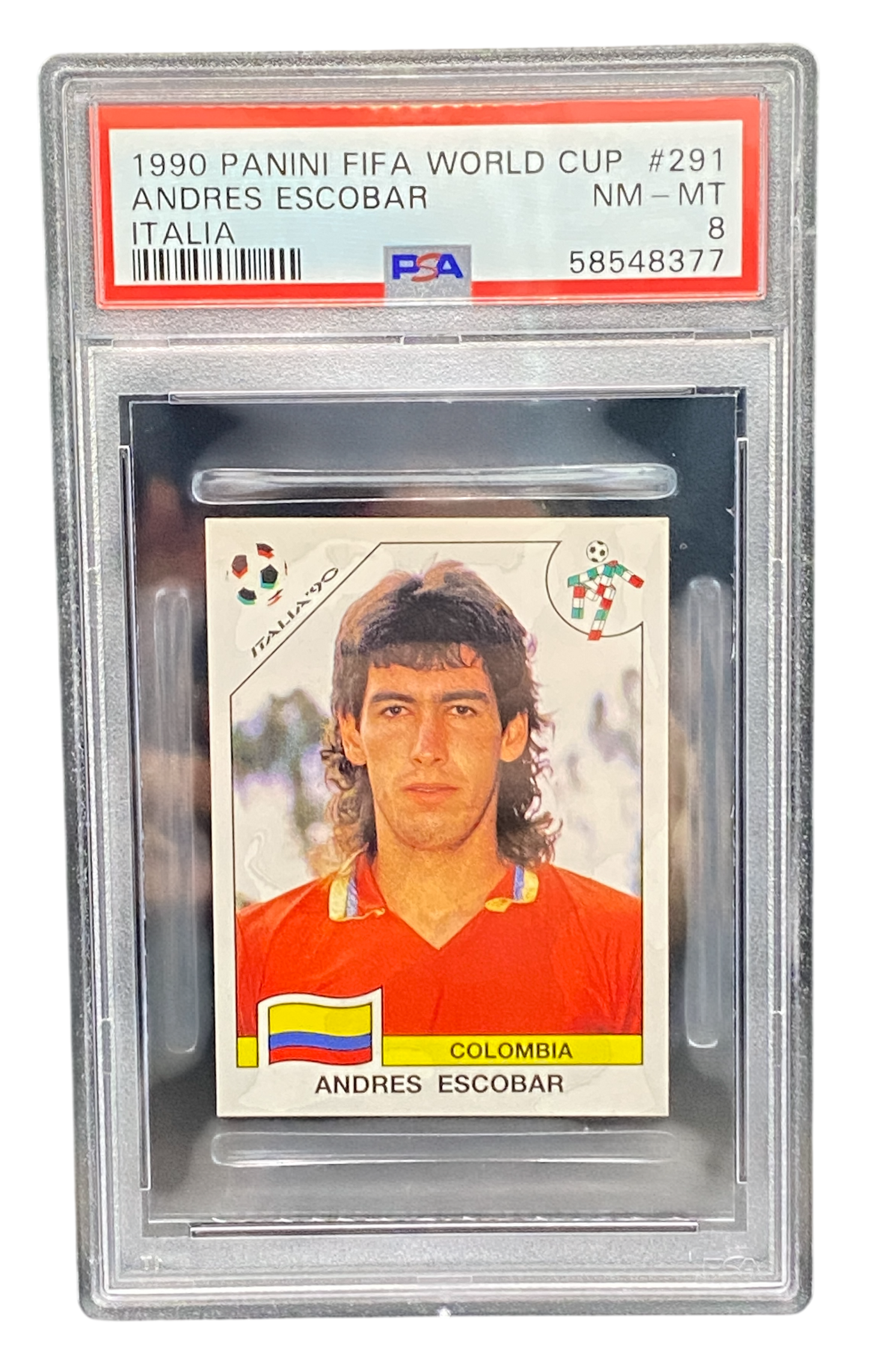 1990 Panini FIFA World Cup Andres Escobar, Italia, PSA 8