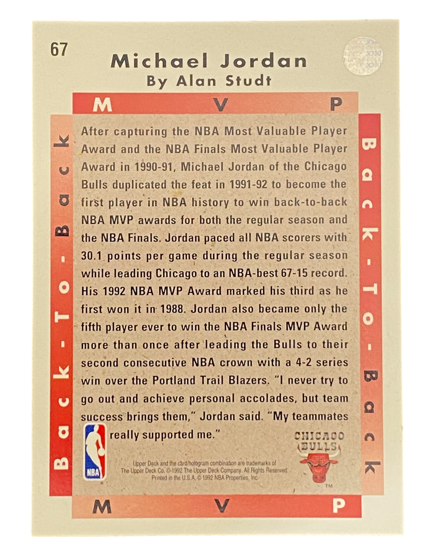 1992-93 Upper Deck Back to Back MVP Michael Jordan