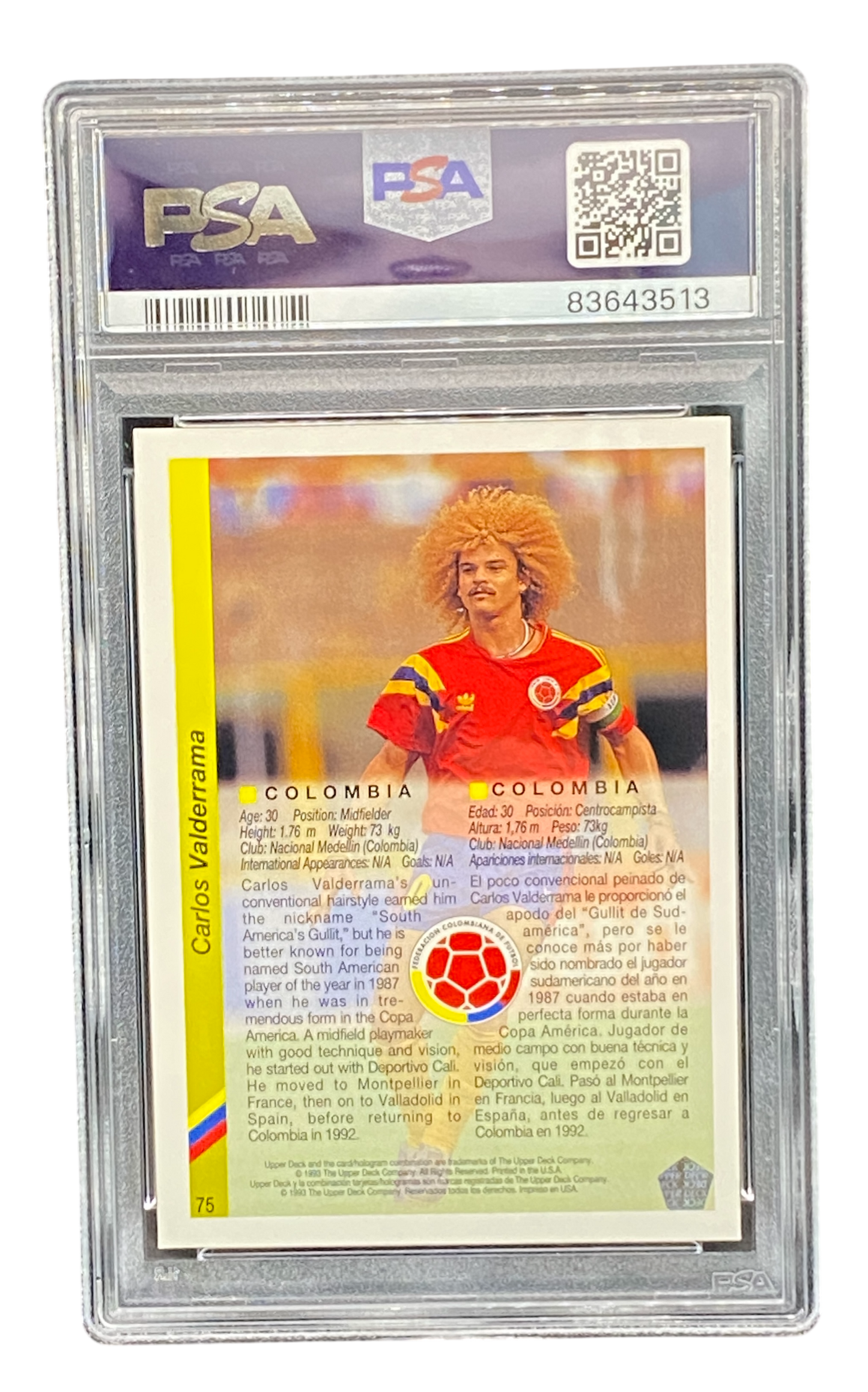 1993 Upper Deck World Cup Soccer Carlos Valderrama, PSA 8