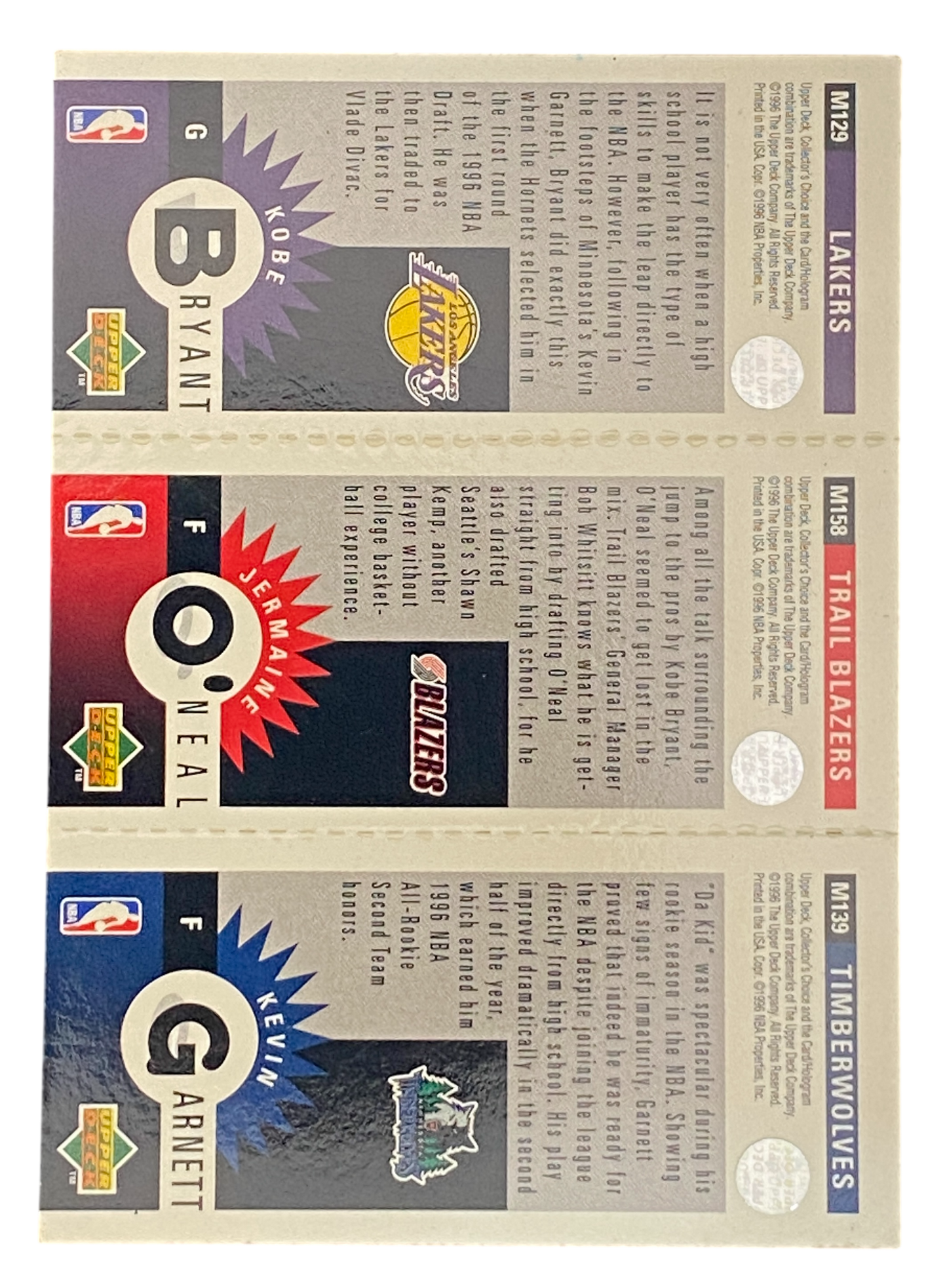 1996 Upper Deck Collector´s Choice Kobe Bryant, Jermaine O´neal, Kevin Garnett