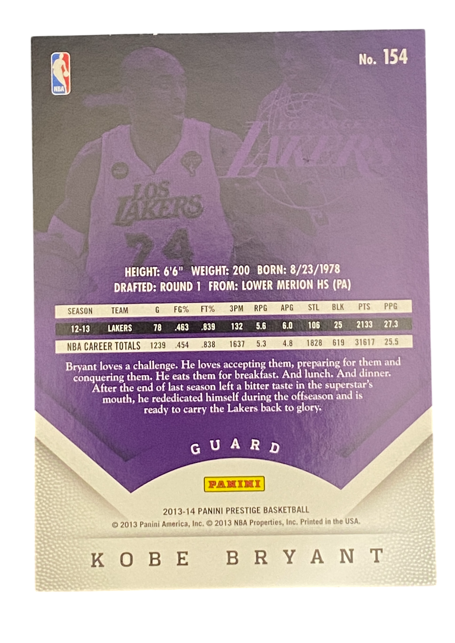2013 Panini Prestige Kobe Bryant, White Jersey