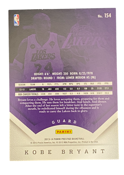 2013 Panini Prestige Kobe Bryant, White Jersey