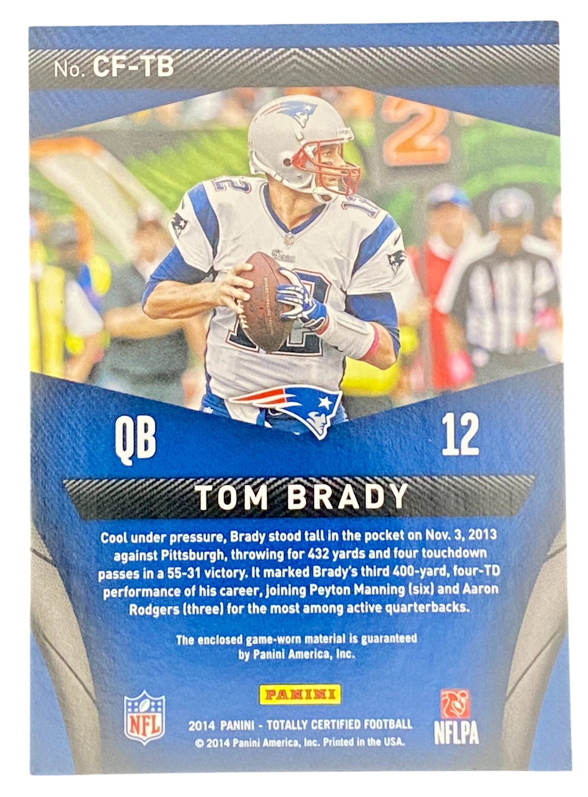 2014 Panini Totally Certified, Tom Brady Game Worn, Certified Fabrics
