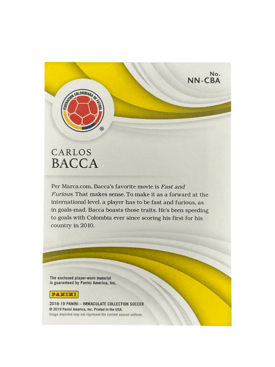 2018-19 Panini Immaculate Nameplate Nobility Carlos Bacca, Player worn Patch, 3-5