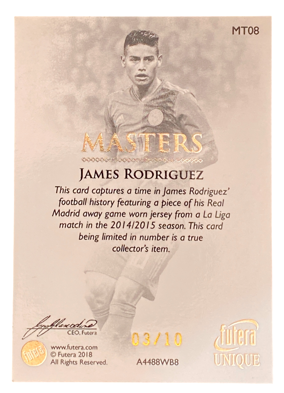 2018 Futera Unique Masters, James Rodriguez Memorabilia 3/10