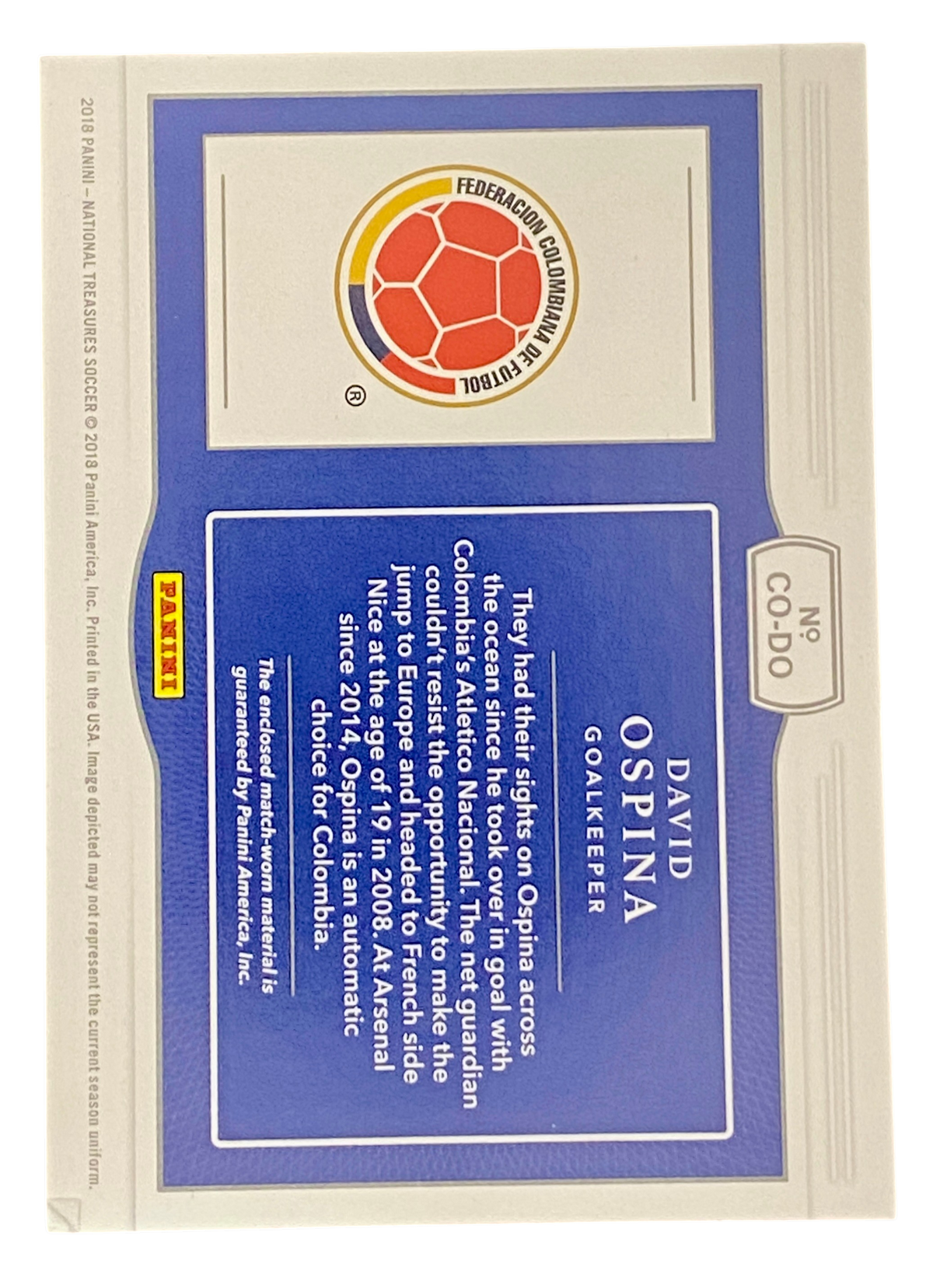 2018 Panini National Treasures David Ospina, 31/35, Match Worn Patch