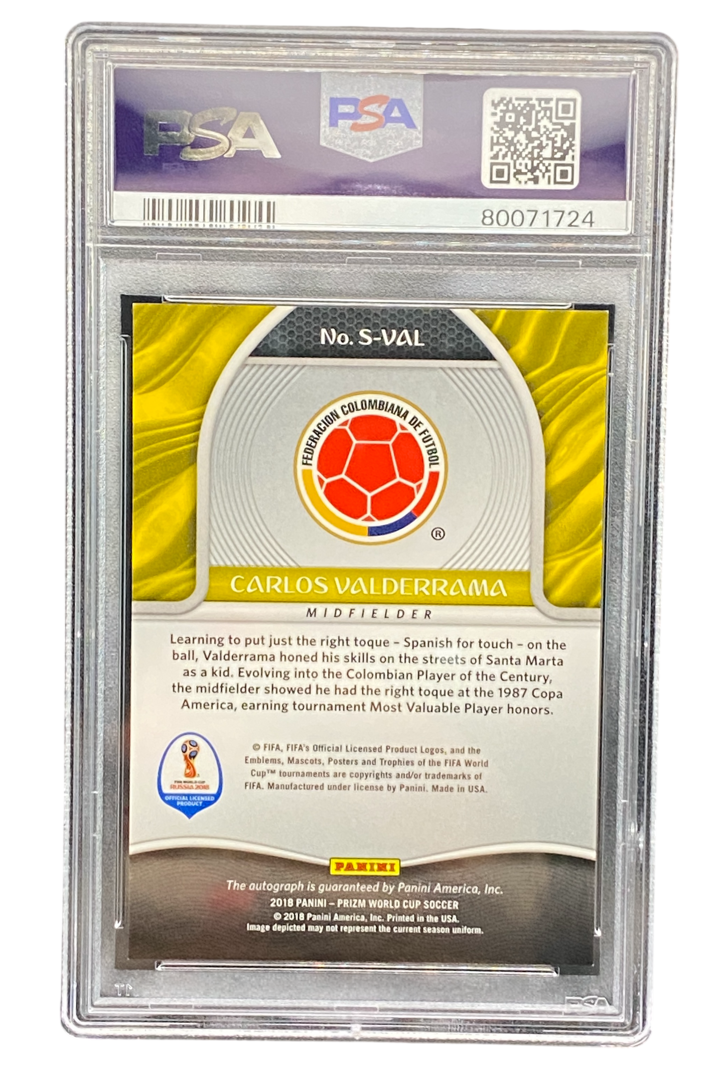 2018 Panini Prizm W/C Carlos Valderrama Autograph, PSA 9, Auto 9