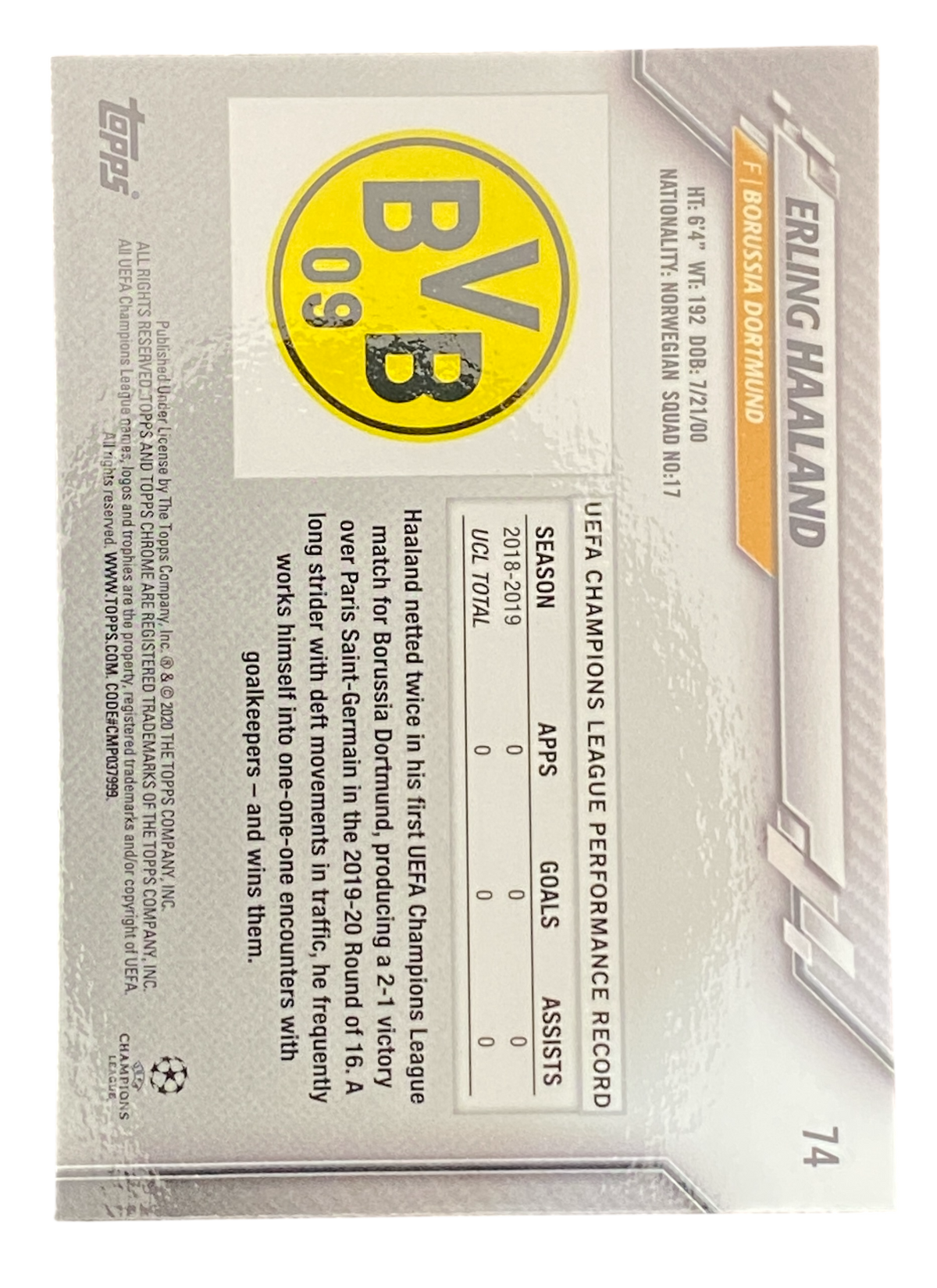 2019 Topps Chrome UCL Erling Haaland, Borussia Dortmund