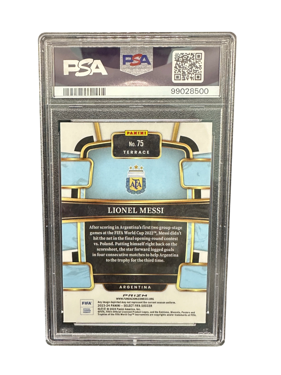 2023-24 Panini Select FIFA, Silver Prizm, Terrace, Lionel Messi, PSA 9
