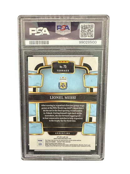 2023-24 Panini Select FIFA, Silver Prizm, Terrace, Lionel Messi, PSA 9