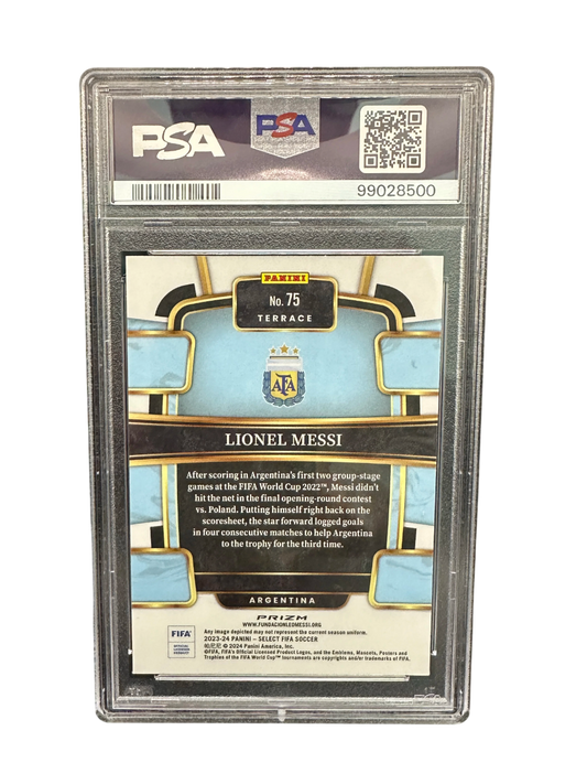 2023-24 Panini Select FIFA, Silver Prizm, Terrace, Lionel Messi, PSA 9