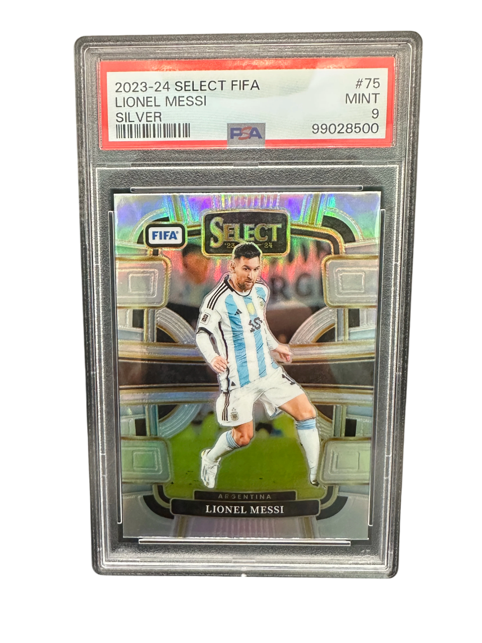 2023-24 Panini Select FIFA, Silver Prizm, Terrace, Lionel Messi, PSA 9
