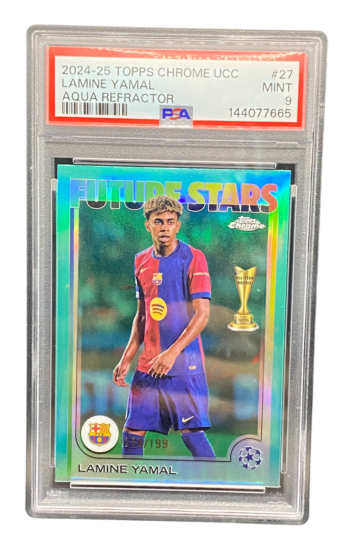 2024-25 Topps Chrome UCC Lamine Yamal Aqua Refractor 118/199,  PSA 9