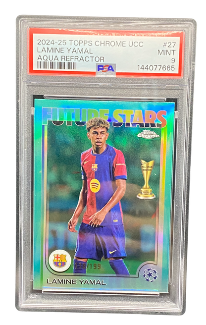2024-25 Topps Chrome UCC Lamine Yamal Aqua Refractor 118/199,  PSA 9