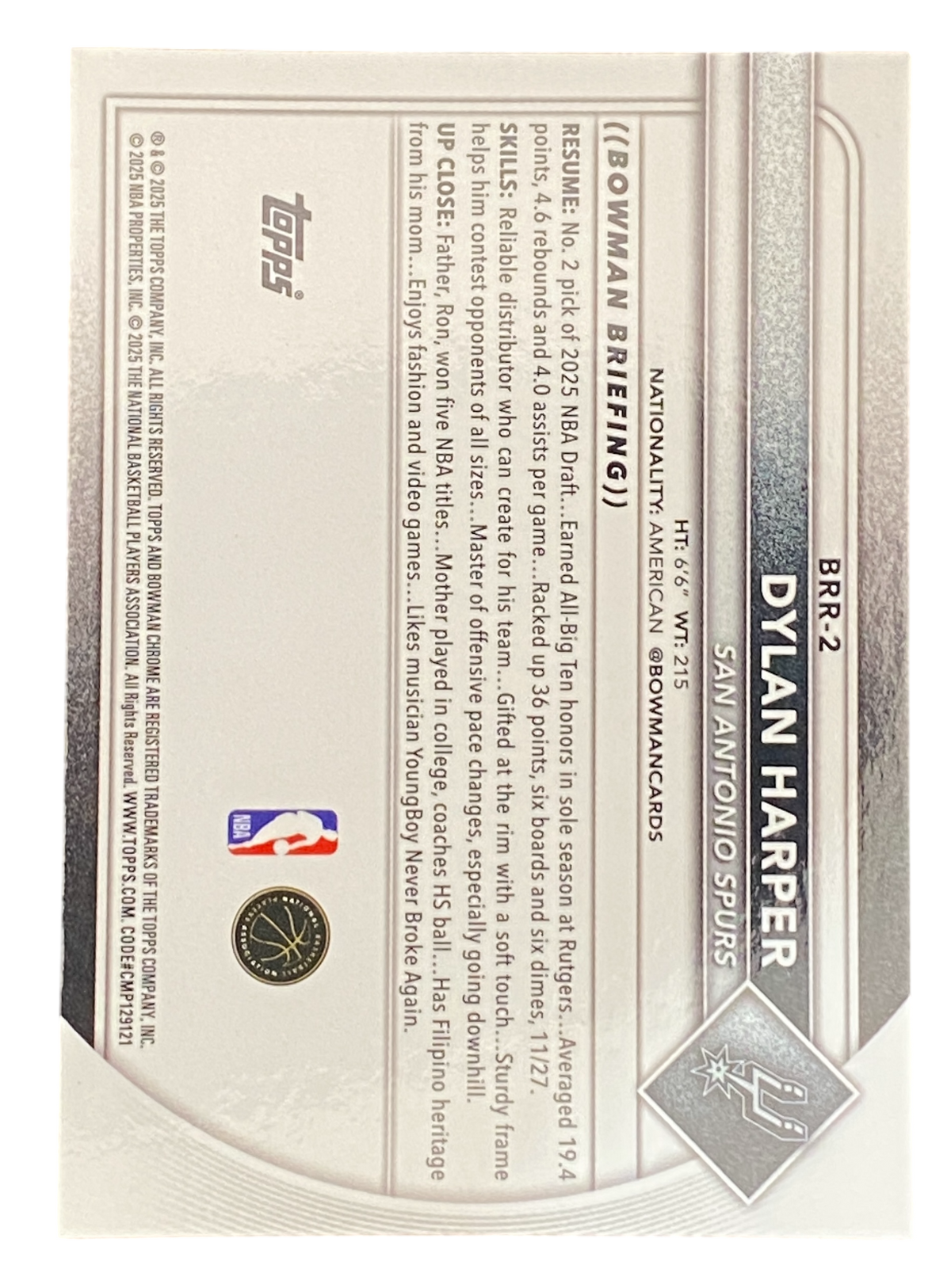 2024-25 Topps Chrome Bowman, Dylan Harper Red RC Logo Variation