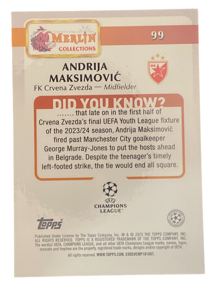 2024-25 Topps Merlin UCC Andrija Maksimovic, 2/5, Variation