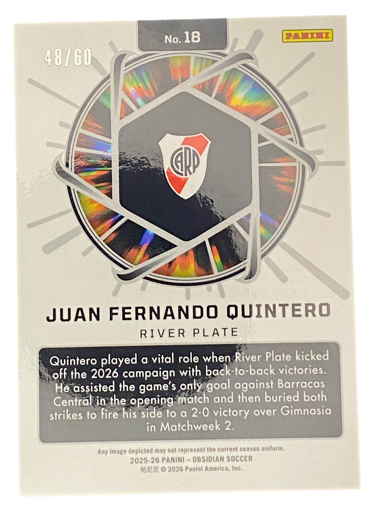 2025-26 Panini Obsidian Soccer, Juan Fernando Quintero, 48/60
