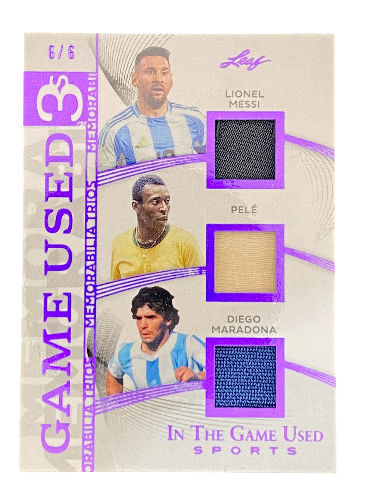 2025 Leaf Game Used Lionel Messi, Pelé, Diego Maradona, Game Worn Patch, 6/6