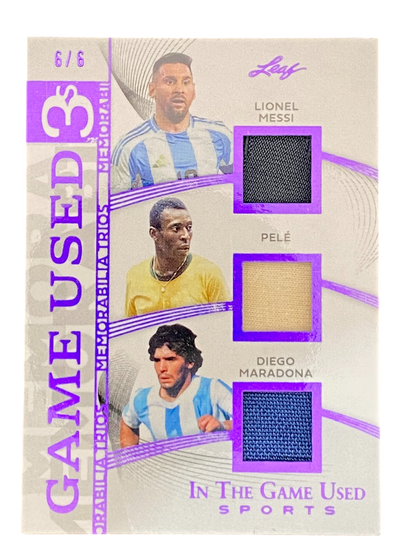 2025 Leaf Game Used Lionel Messi, Pelé, Diego Maradona, Game Worn Patch, 6/6