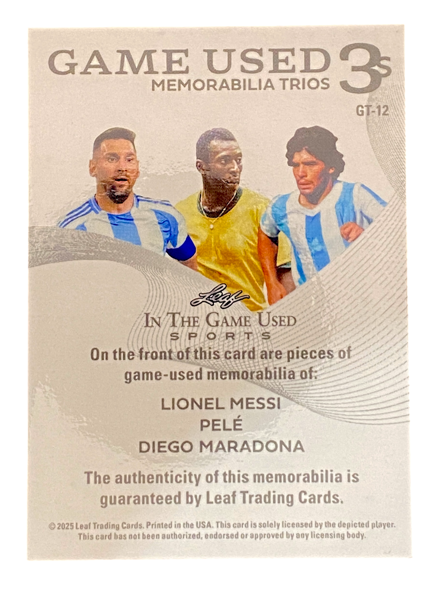 2025 Leaf Game Used Lionel Messi, Pelé, Diego Maradona, Game Worn Patch, 6/6