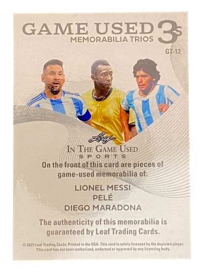 2025 Leaf Game Used Lionel Messi, Pelé, Diego Maradona, Game Worn Patch, 6/6
