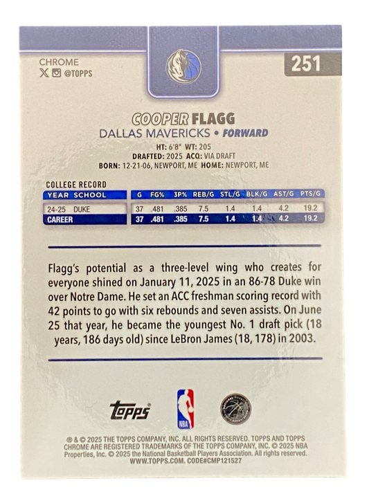 2025 Topps Chrome Cooper Flagg RC Prism Refractor