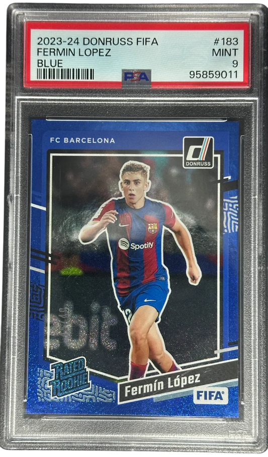 2023-24 Panini Donruss FIFA Fermin Lopez Blue, /49, PSA 9