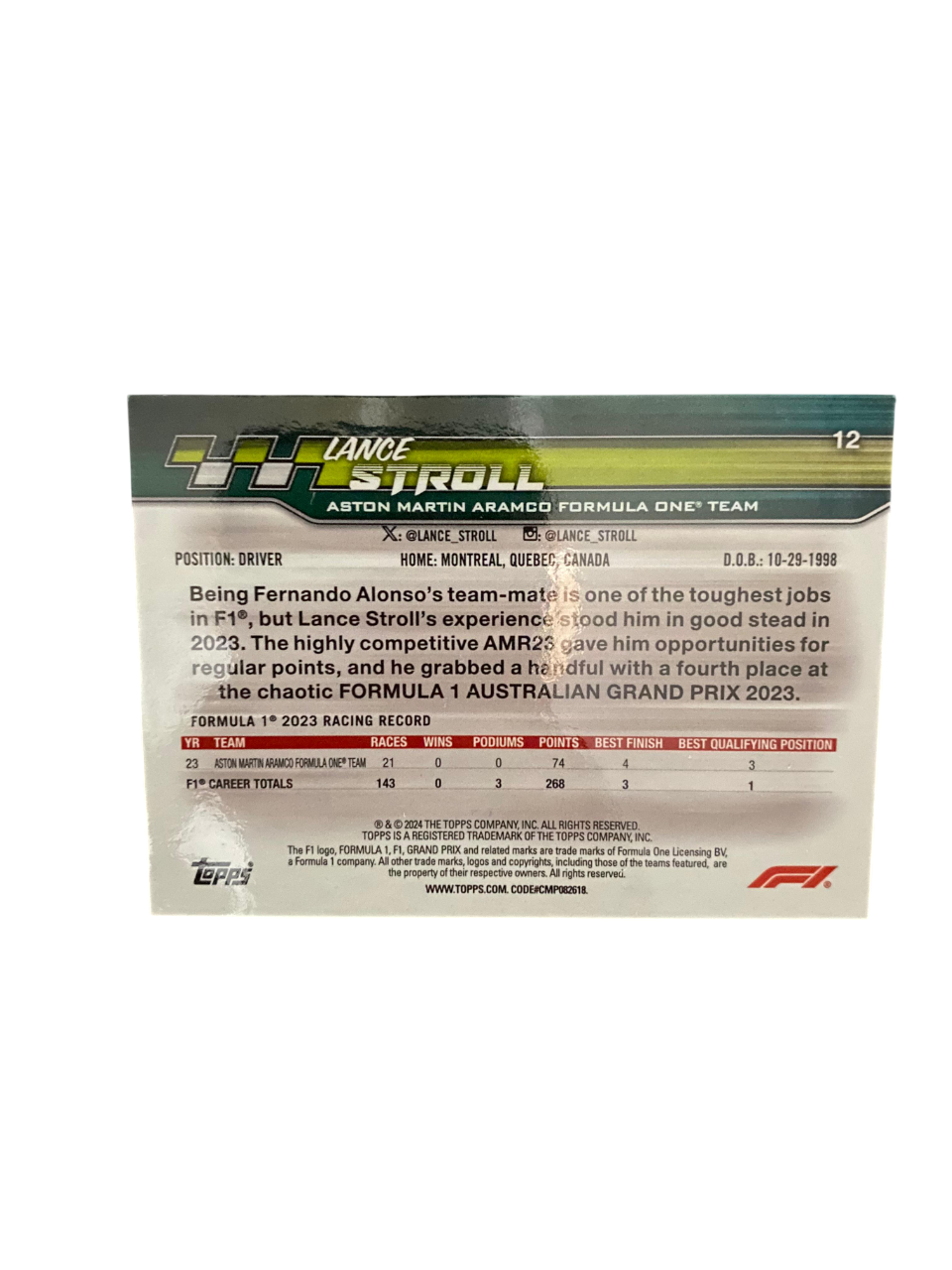 2024 Topps Paddock Pass, Lance Stroll, 4/99