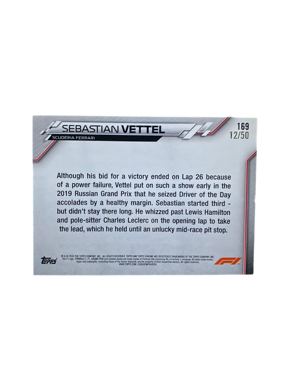 2020 Topps Chrome Formula 1 Sebastian Vettel, 12-50, Scuderia Ferrari