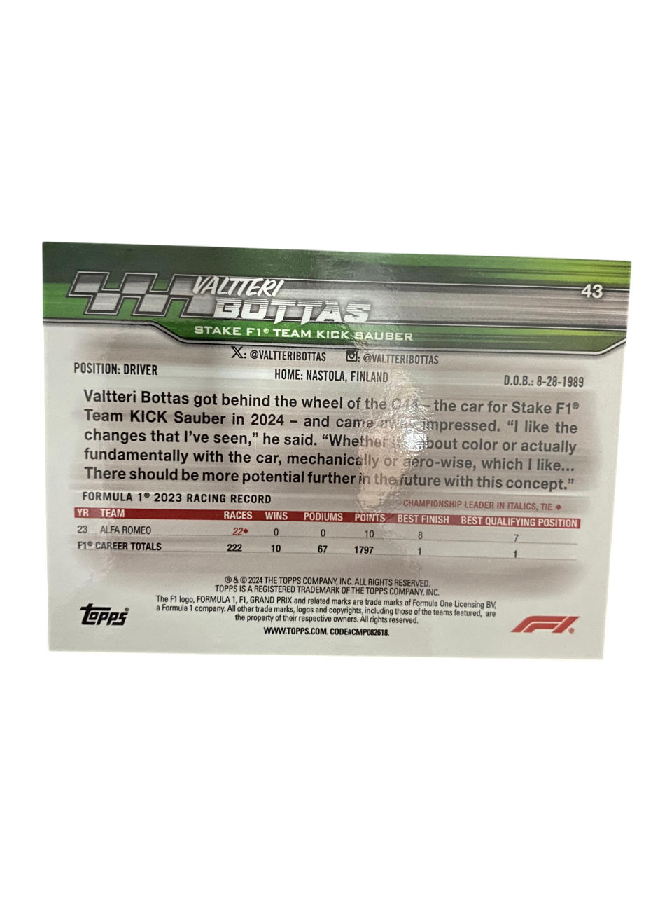 2024 Topps Paddock Pass, F1 Valteri Bottas, 247/275