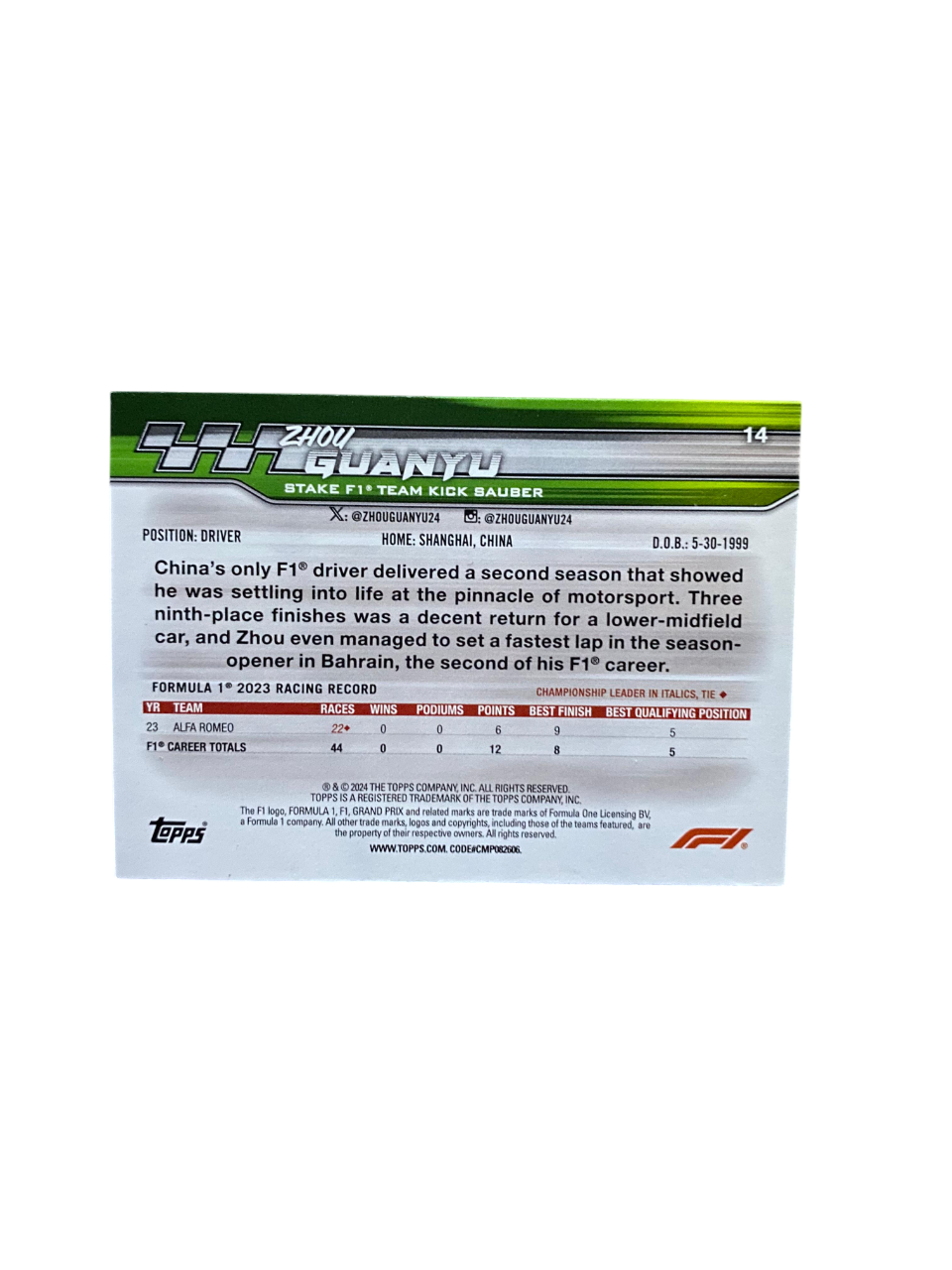 2024 Topps Paddock Pass, Zhou Guanyu, 229/275